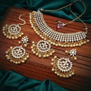 Trendy Kundan Gold Plated Wedding Jewellery Pearl Choker Necklace Set for Women