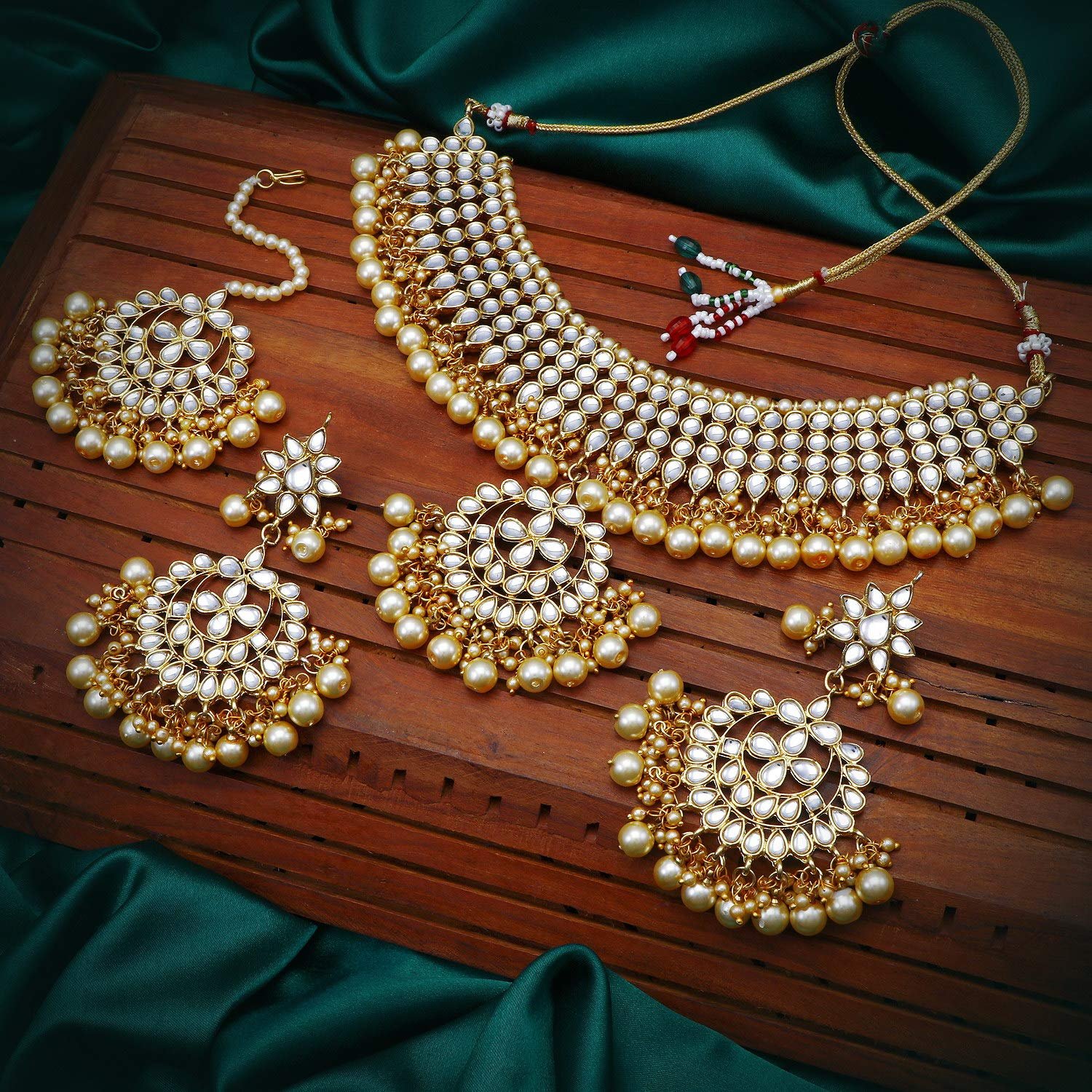 Trendy Kundan Gold Plated Wedding Jewellery Pearl Choker Necklace Set for Women